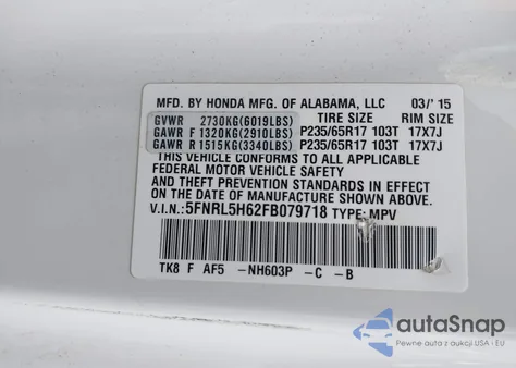 2015 Honda Odyssey Ex-L z USA, uszkodzony, nr VIN 5FNRL5H62FB079718
